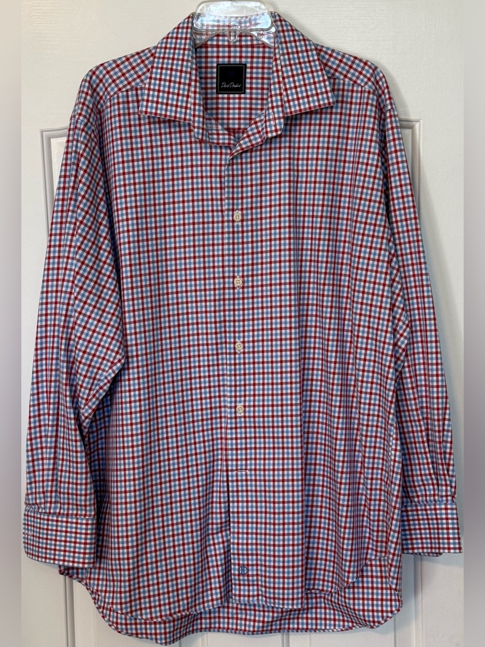David Donahue Men’s 17 34/35 Plaid Dress Shirt Red Blue White 100% Cotton